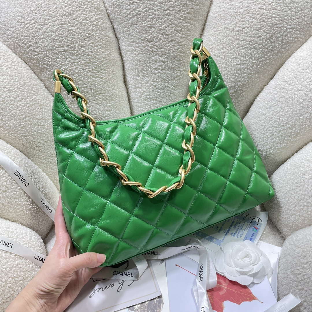 Chanel AS4923 Large Hobo Shiny Lambskin & Gold-Tone Metal Green