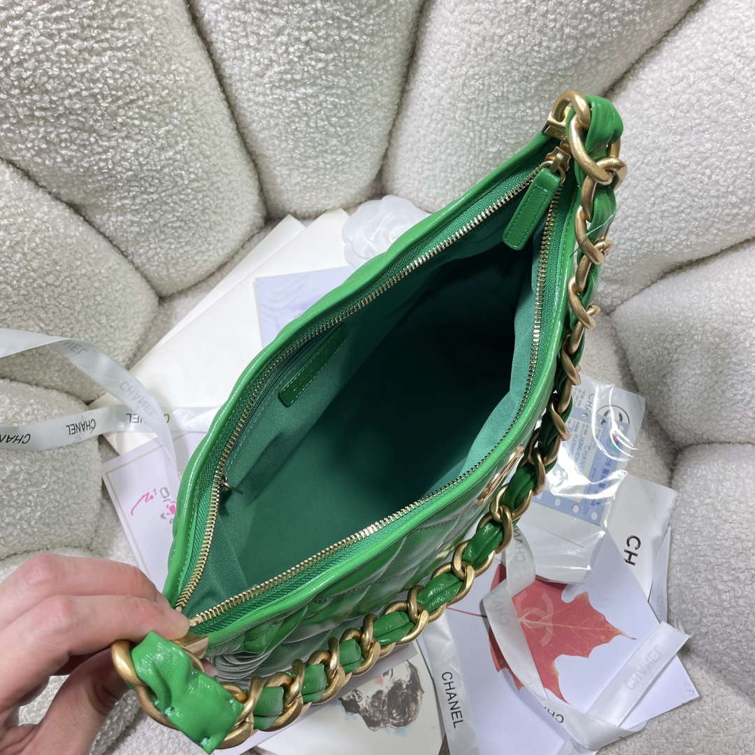 Chanel AS4923 Large Hobo Shiny Lambskin & Gold-Tone Metal Green