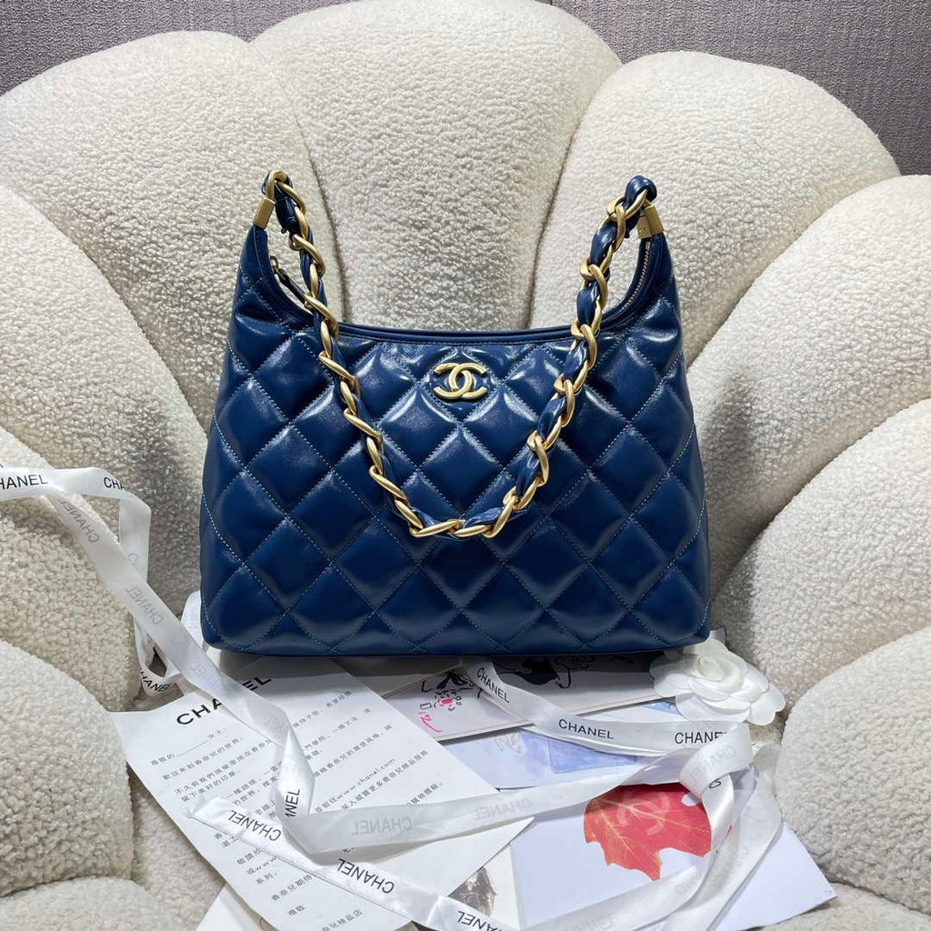 Chanel AS4923 Large Hobo Shiny Lambskin & Gold-Tone Metal Navy Blue