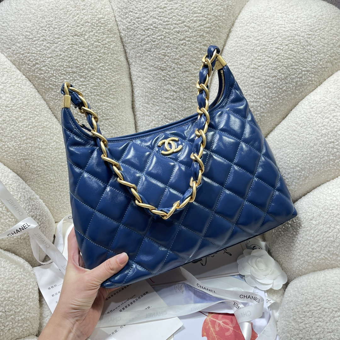 Chanel AS4923 Large Hobo Shiny Lambskin & Gold-Tone Metal Navy Blue - Default Title - View 2