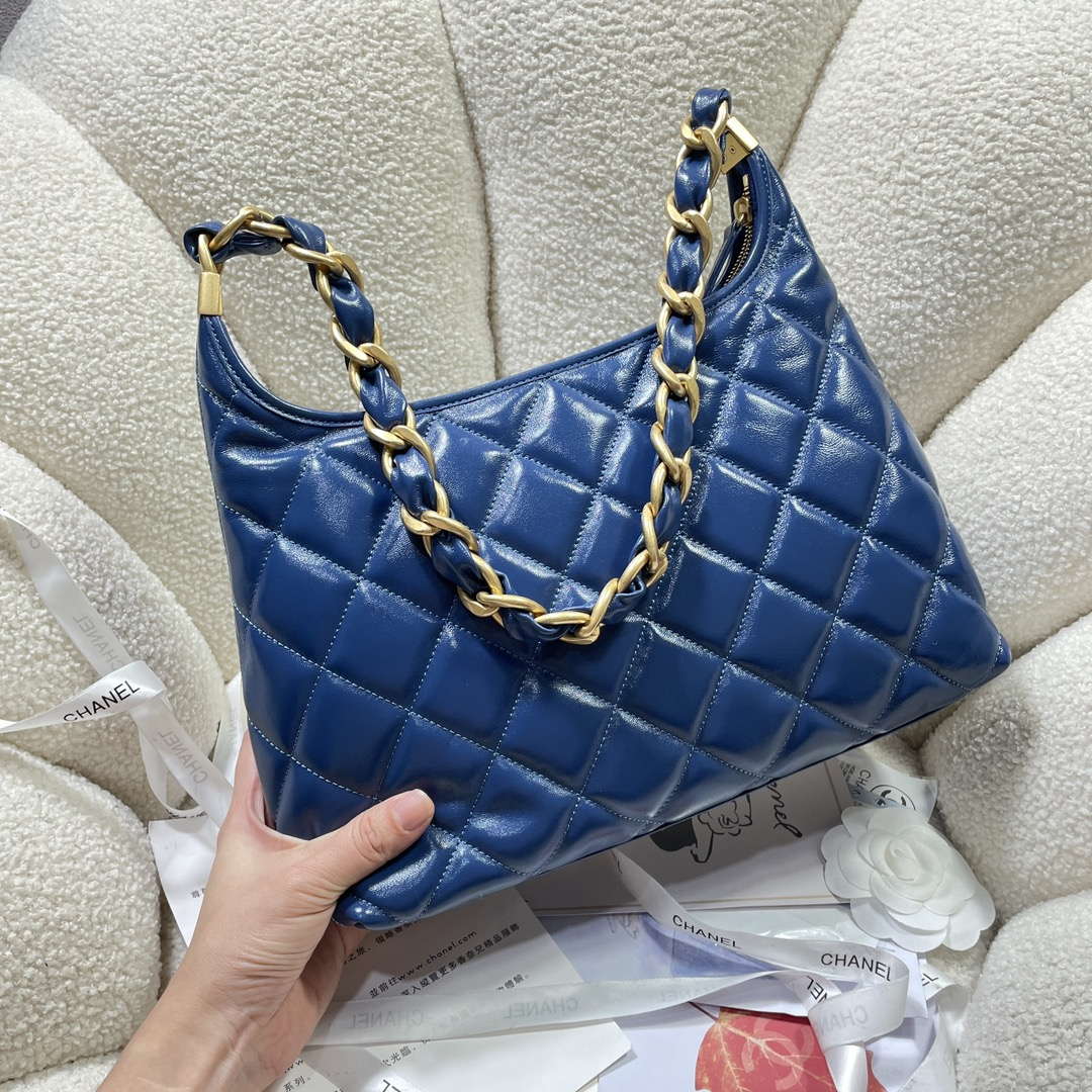 Chanel AS4923 Large Hobo Shiny Lambskin & Gold-Tone Metal Navy Blue
