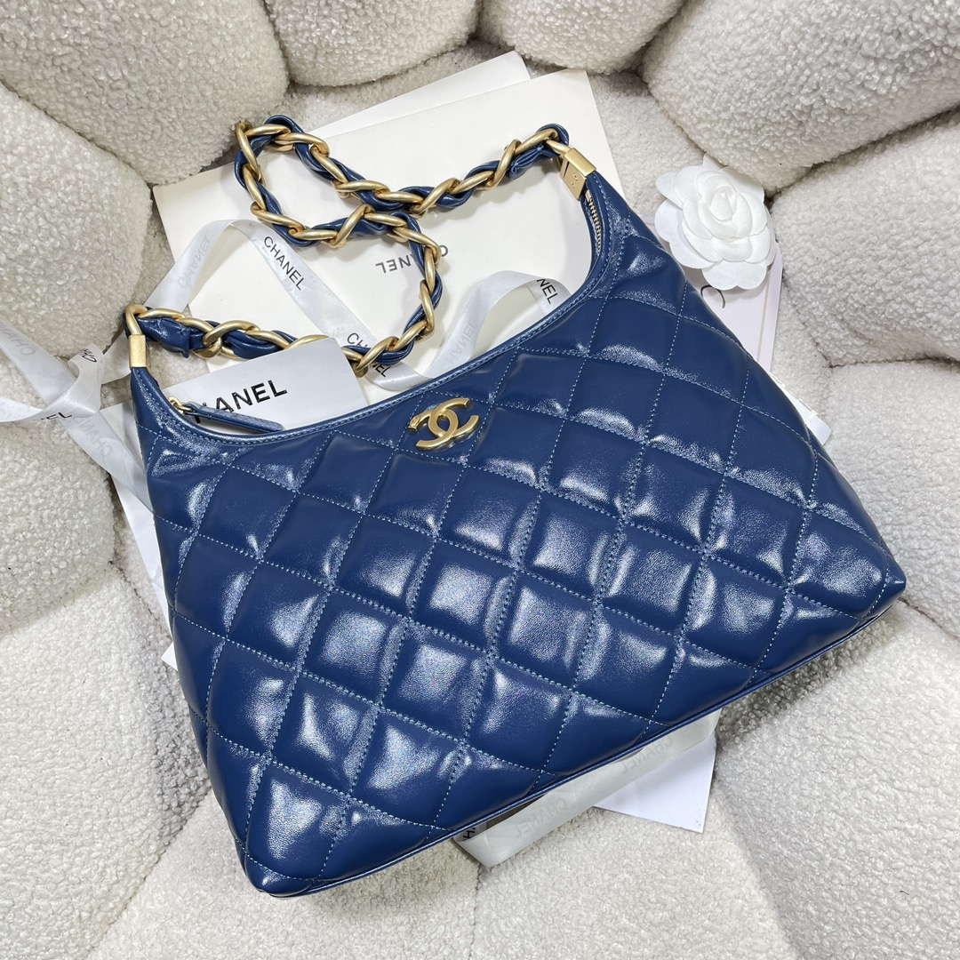 Chanel AS4923 Large Hobo Shiny Lambskin & Gold-Tone Metal Navy Blue - Default Title - View 5