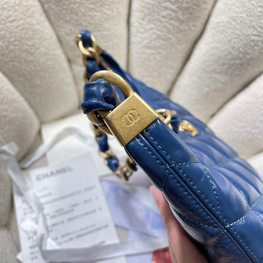 Chanel AS4923 Large Hobo Shiny Lambskin & Gold-Tone Metal Navy Blue