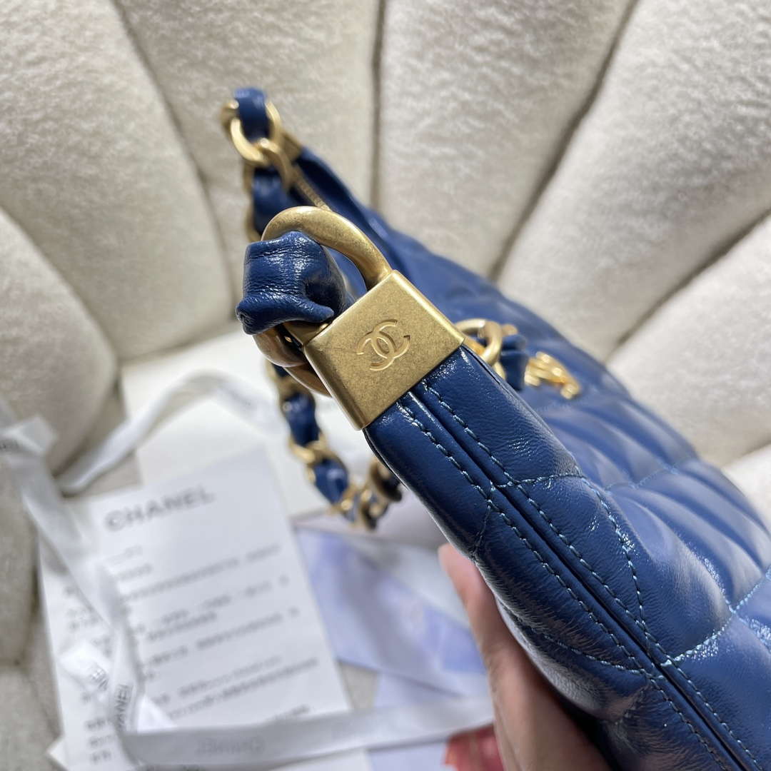 Chanel AS4923 Large Hobo Shiny Lambskin & Gold-Tone Metal Navy Blue - Default Title - View 7