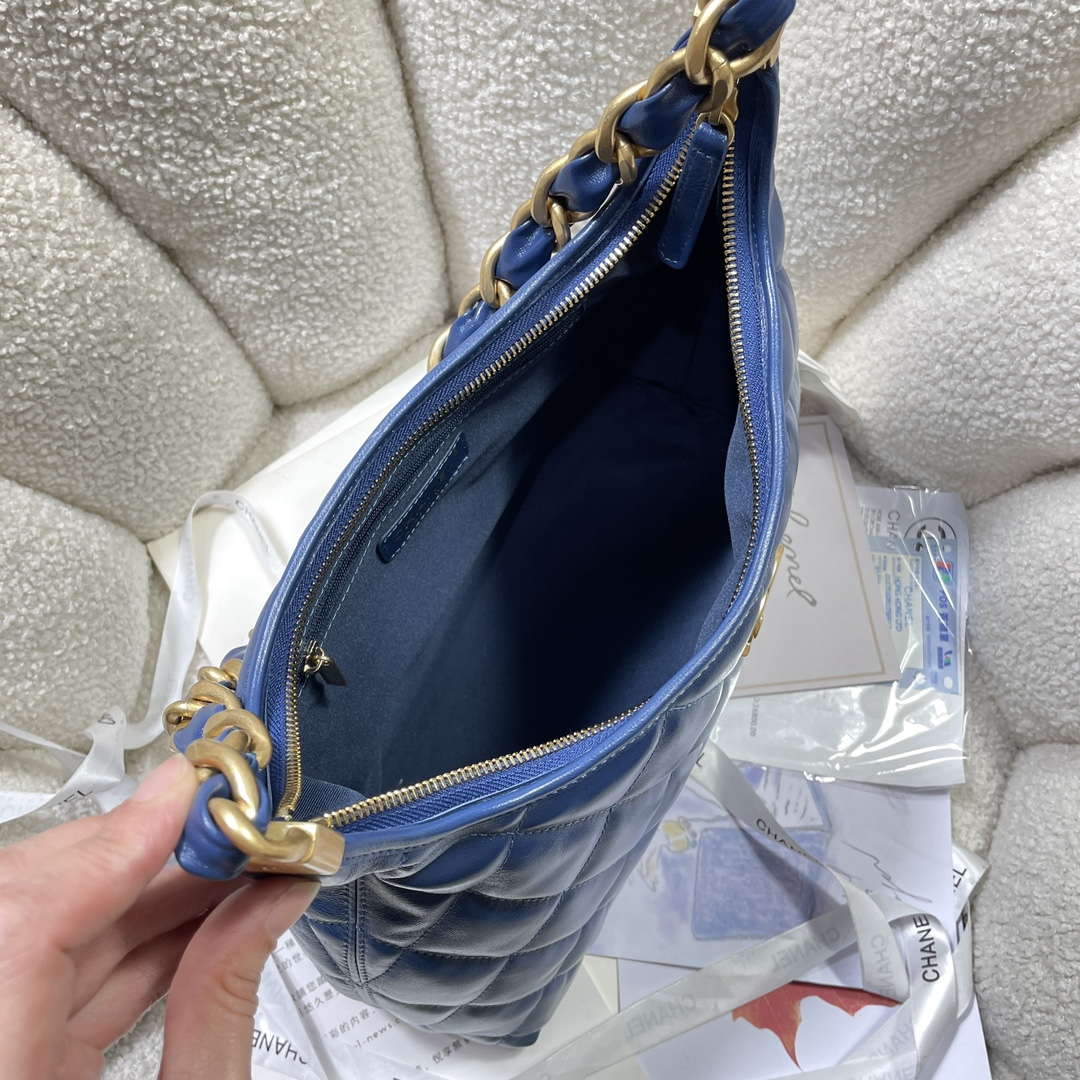 Chanel AS4923 Large Hobo Shiny Lambskin & Gold-Tone Metal Navy Blue