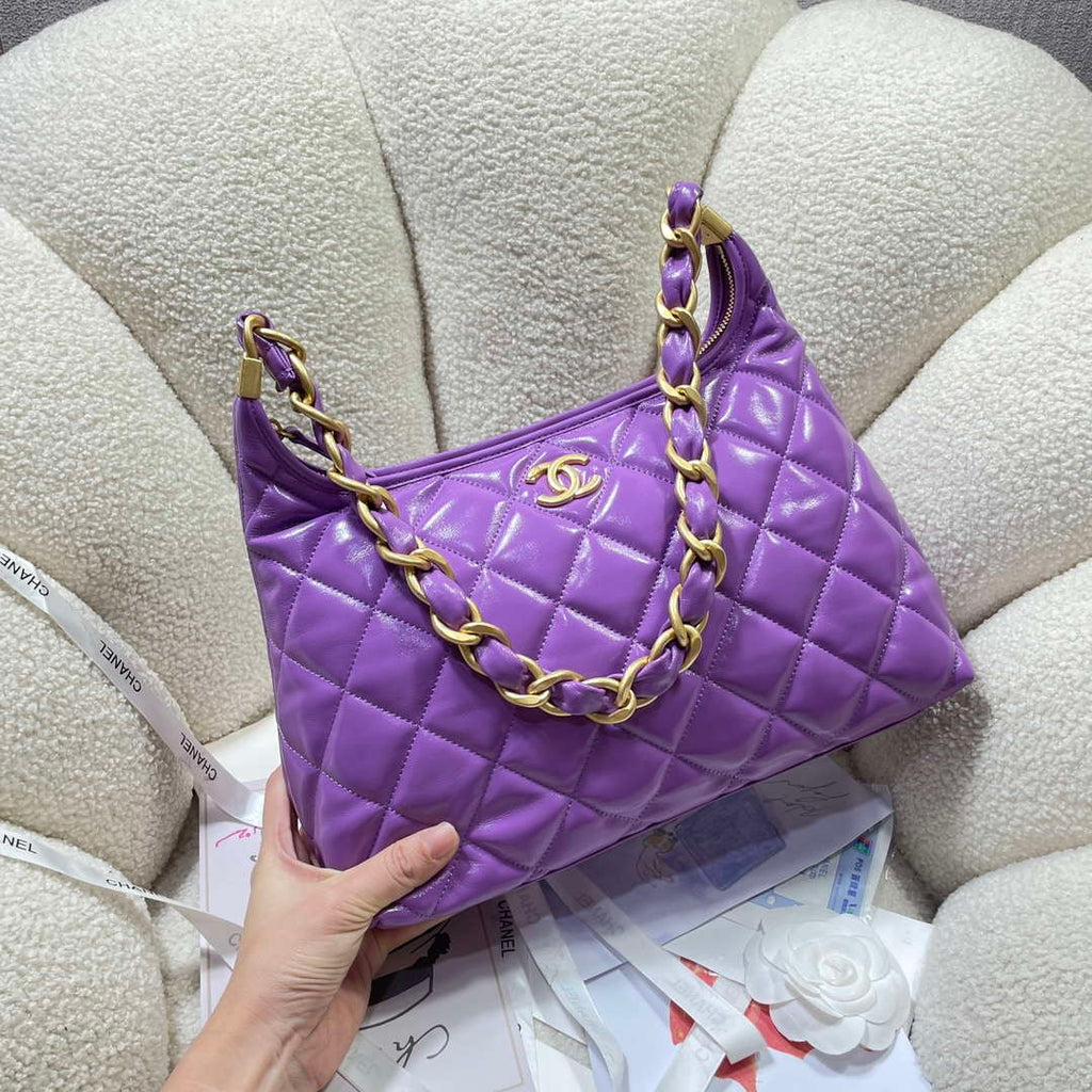 Chanel AS4923 Large Hobo Shiny Lambskin & Gold-Tone Metal Purple