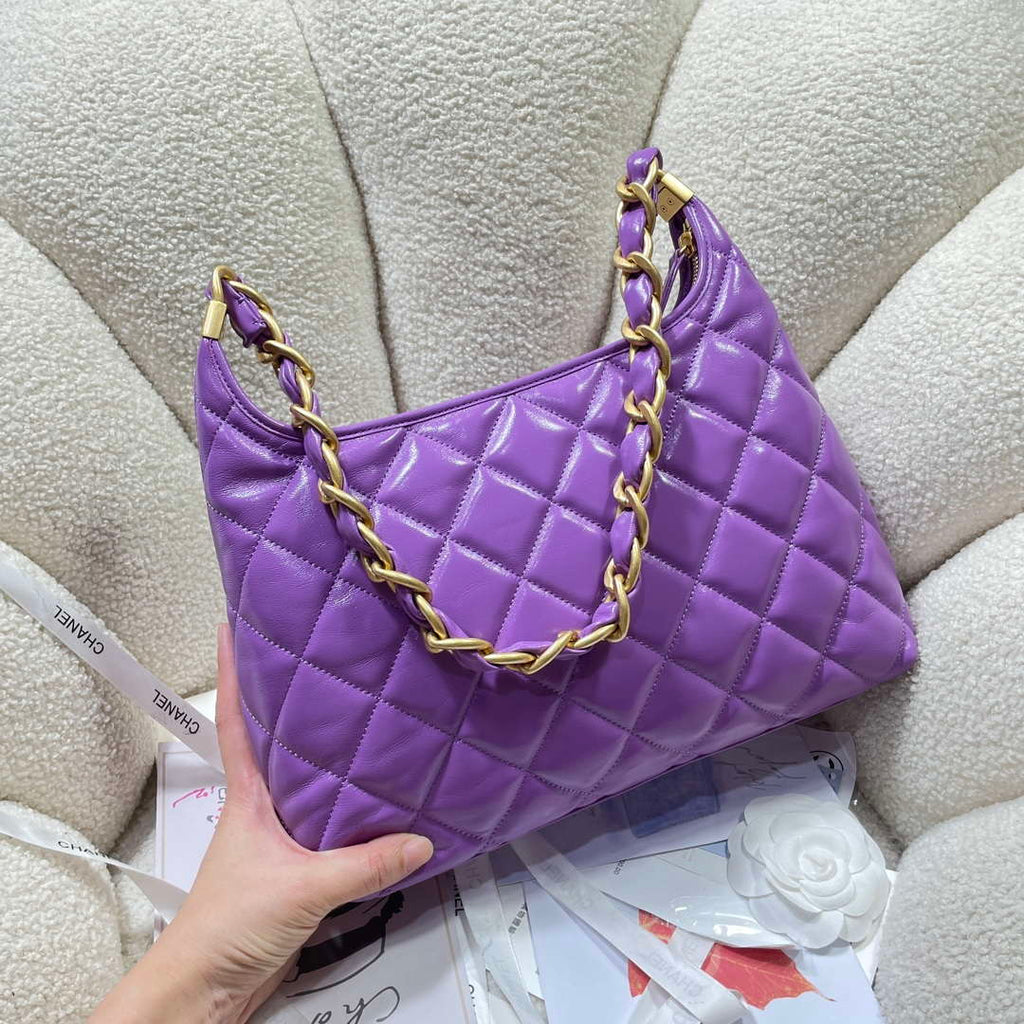 Chanel AS4923 Large Hobo Shiny Lambskin & Gold-Tone Metal Purple