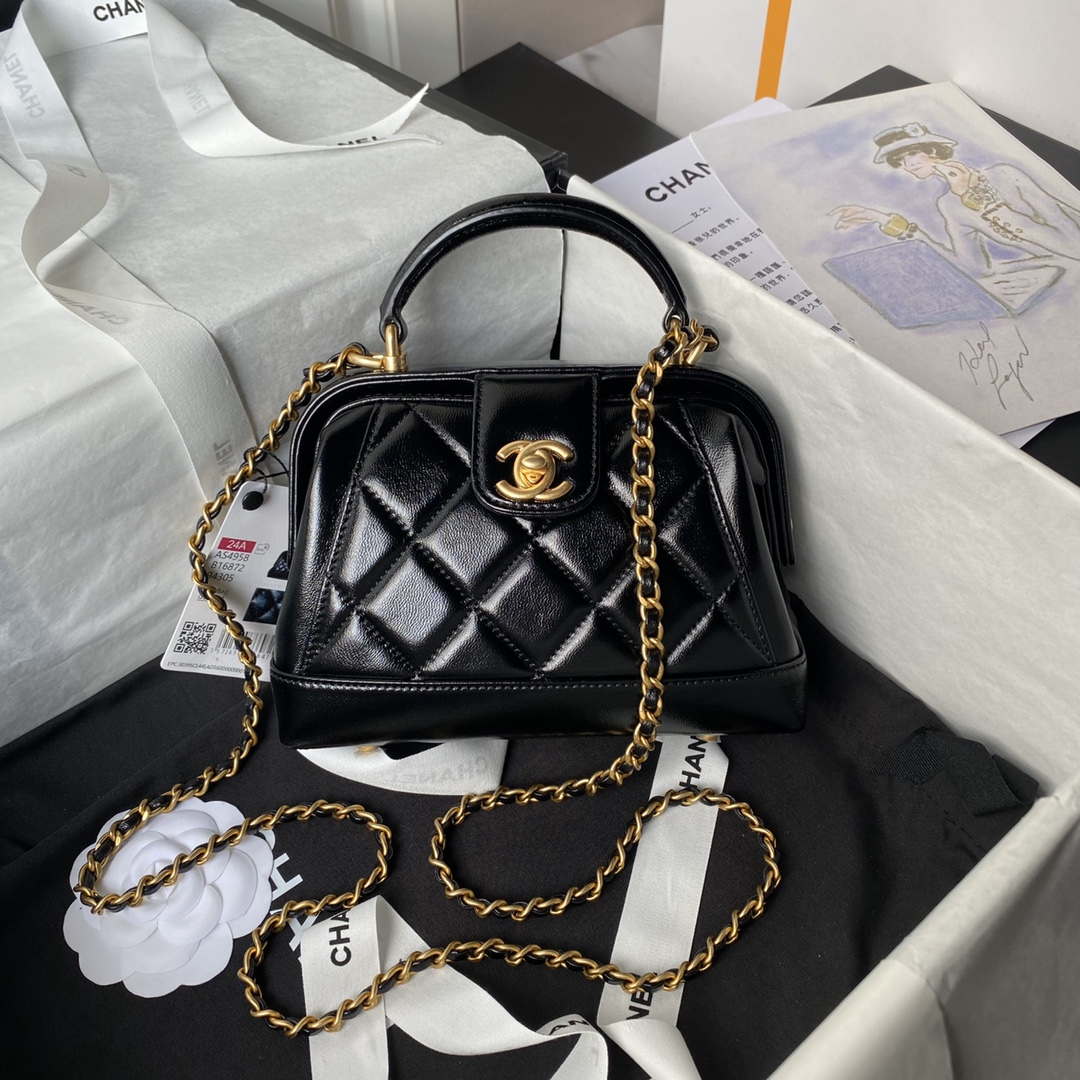 Chanel AS4958 Mini Flap bag With top handle Shiny Lambskin & Gold-Tone Metal Black
