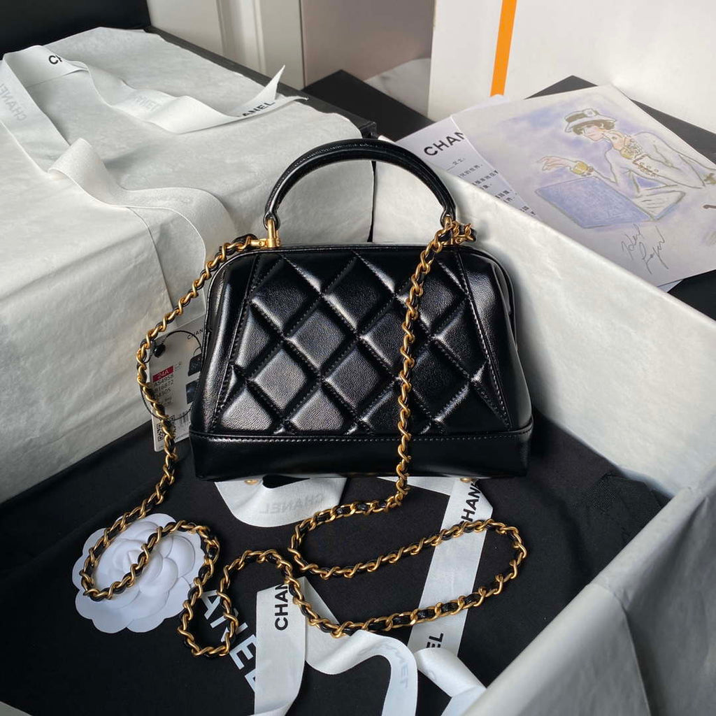 Chanel AS4958 Mini Flap bag With top handle Shiny Lambskin & Gold-Tone Metal Black