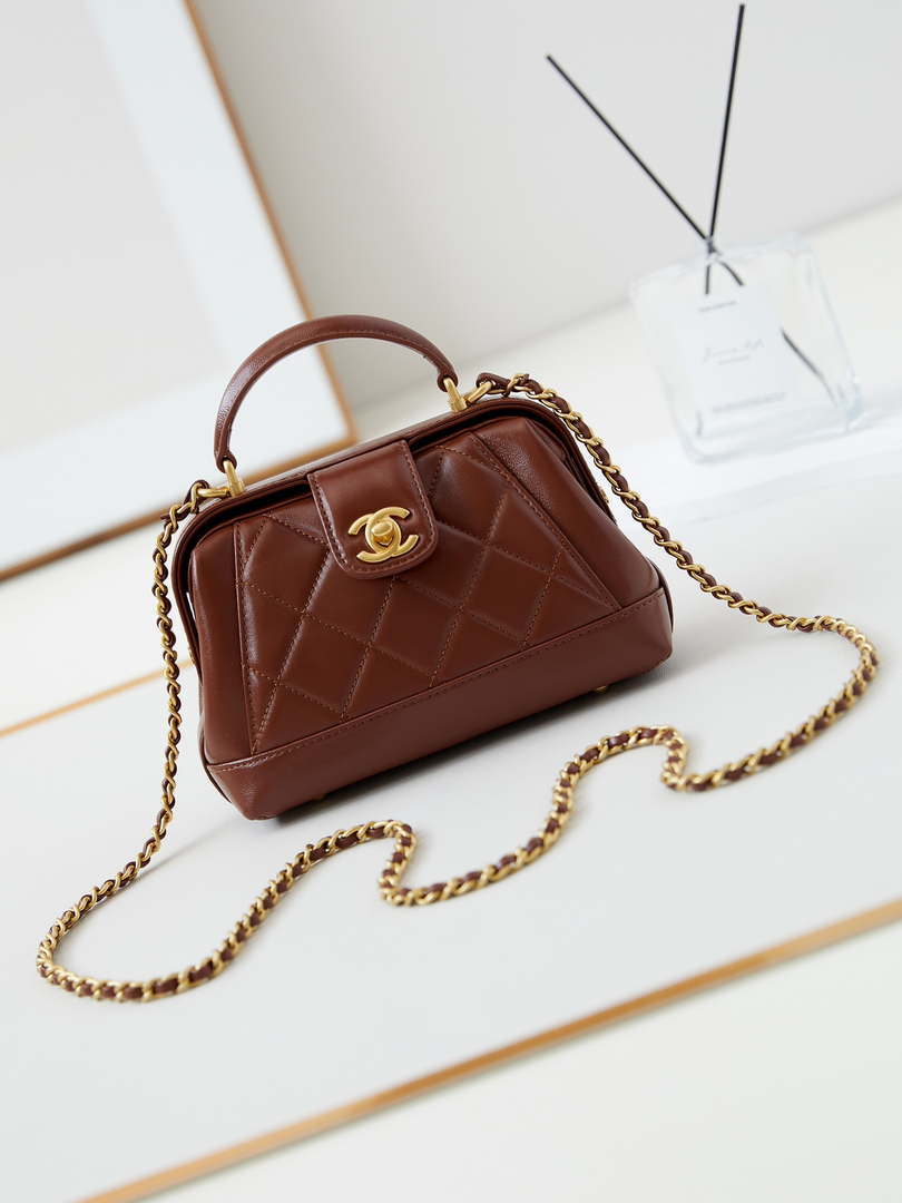 Chanel AS4958 Mini Flap bag With top handle Shiny Lambskin & Gold-Tone Metal Brown - Default Title - View 1