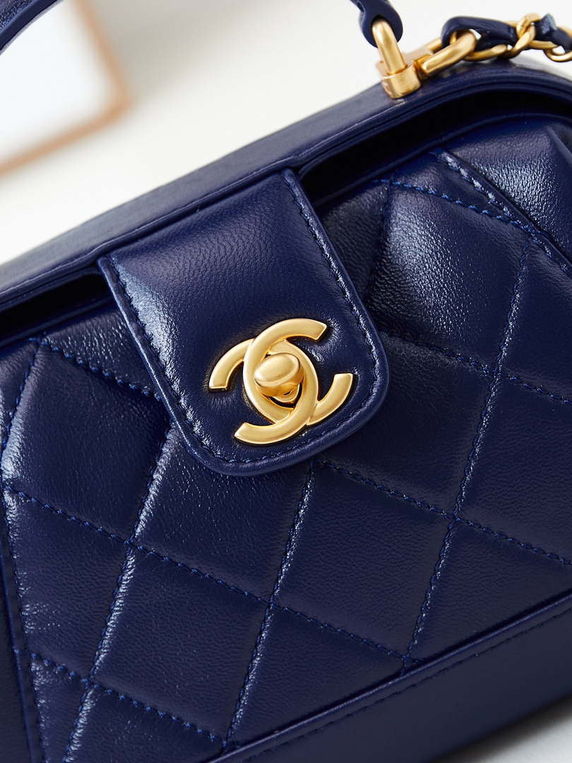 Chanel AS4958 Mini Flap bag With top handle Shiny Lambskin & Gold-Tone Metal Navy blue