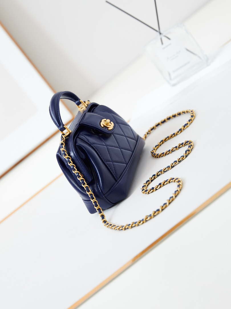 Chanel AS4958 Mini Flap bag With top handle Shiny Lambskin & Gold-Tone Metal Navy blue - Default Title - View 3