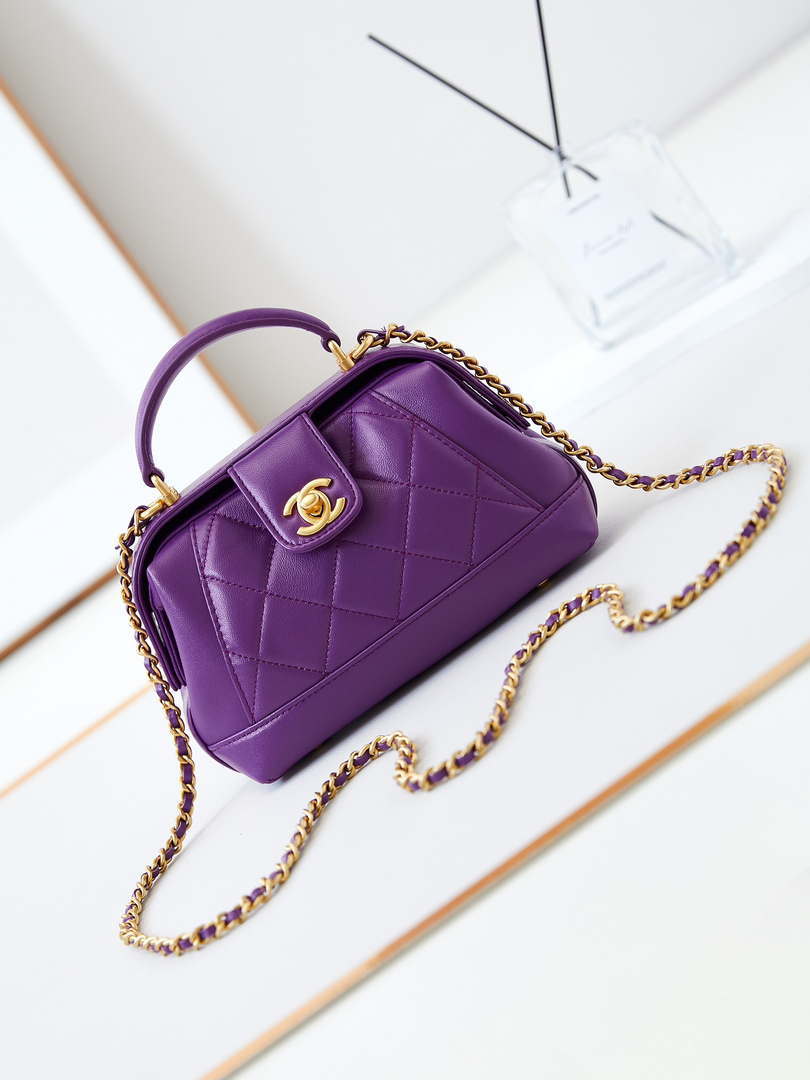 Chanel AS4958 Mini Flap bag With top handle Shiny Lambskin & Gold-Tone Metal Purple - Default Title - View 1