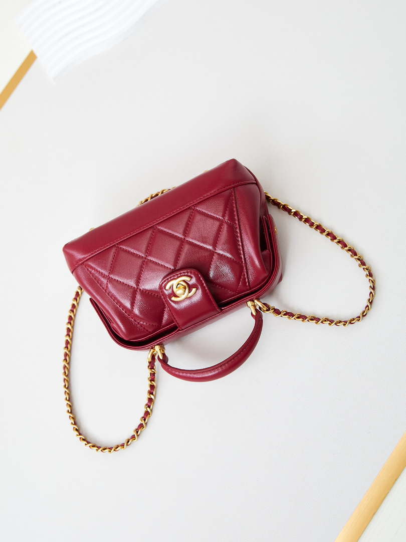 Chanel AS4958 Mini Flap bag With top handle Shiny Lambskin & Gold-Tone Metal Red - Default Title - View 7
