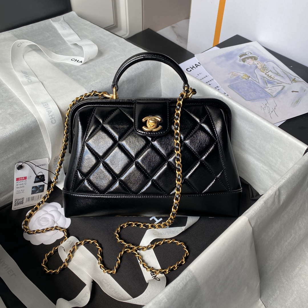 Chanel AS4959  Flap bag With top handle Shiny Lambskin & Gold-Tone Metal Black