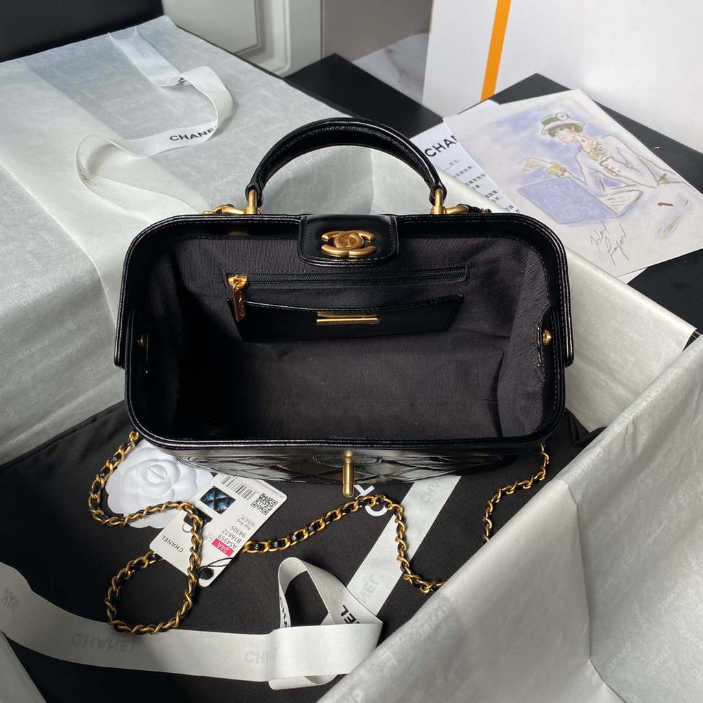 Chanel AS4959  Flap bag With top handle Shiny Lambskin & Gold-Tone Metal Black