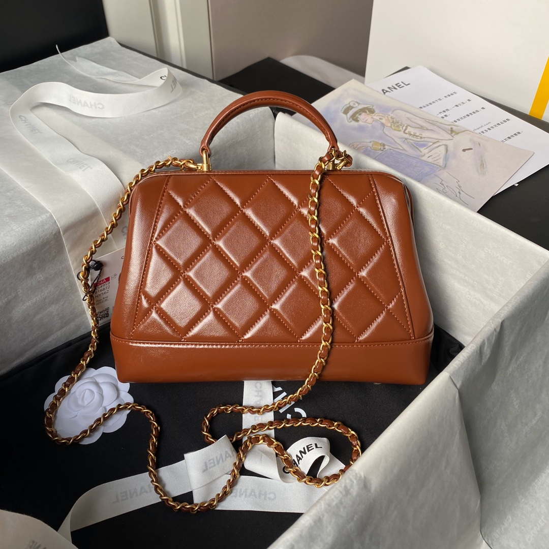 Chanel AS4959  Flap bag With top handle Shiny Lambskin & Gold-Tone Metal Brown - Default Title - View 4
