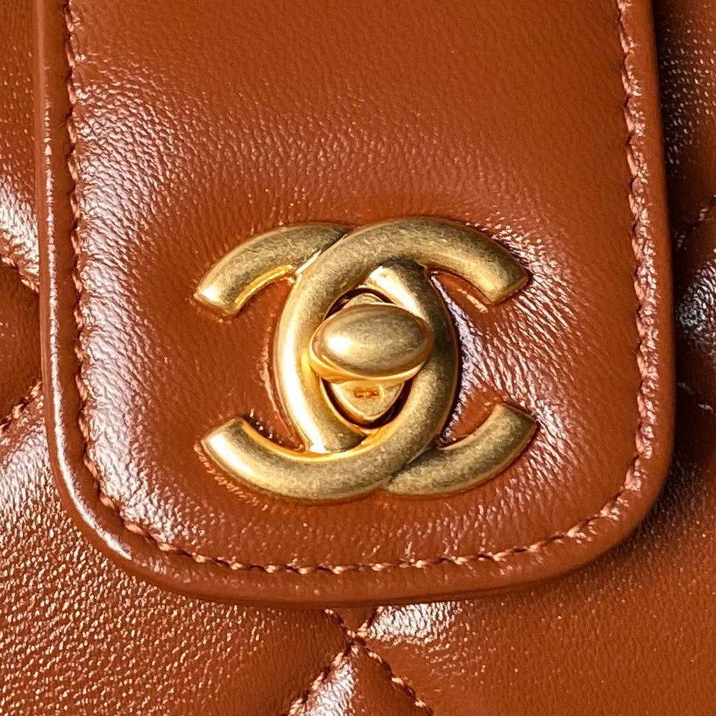 Chanel AS4959  Flap bag With top handle Shiny Lambskin & Gold-Tone Metal Brown