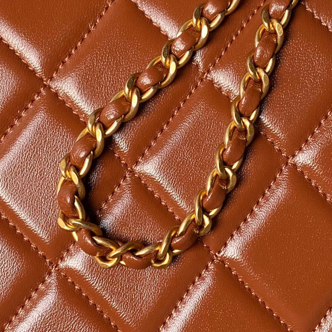 Chanel AS4959  Flap bag With top handle Shiny Lambskin & Gold-Tone Metal Brown - Default Title - View 6