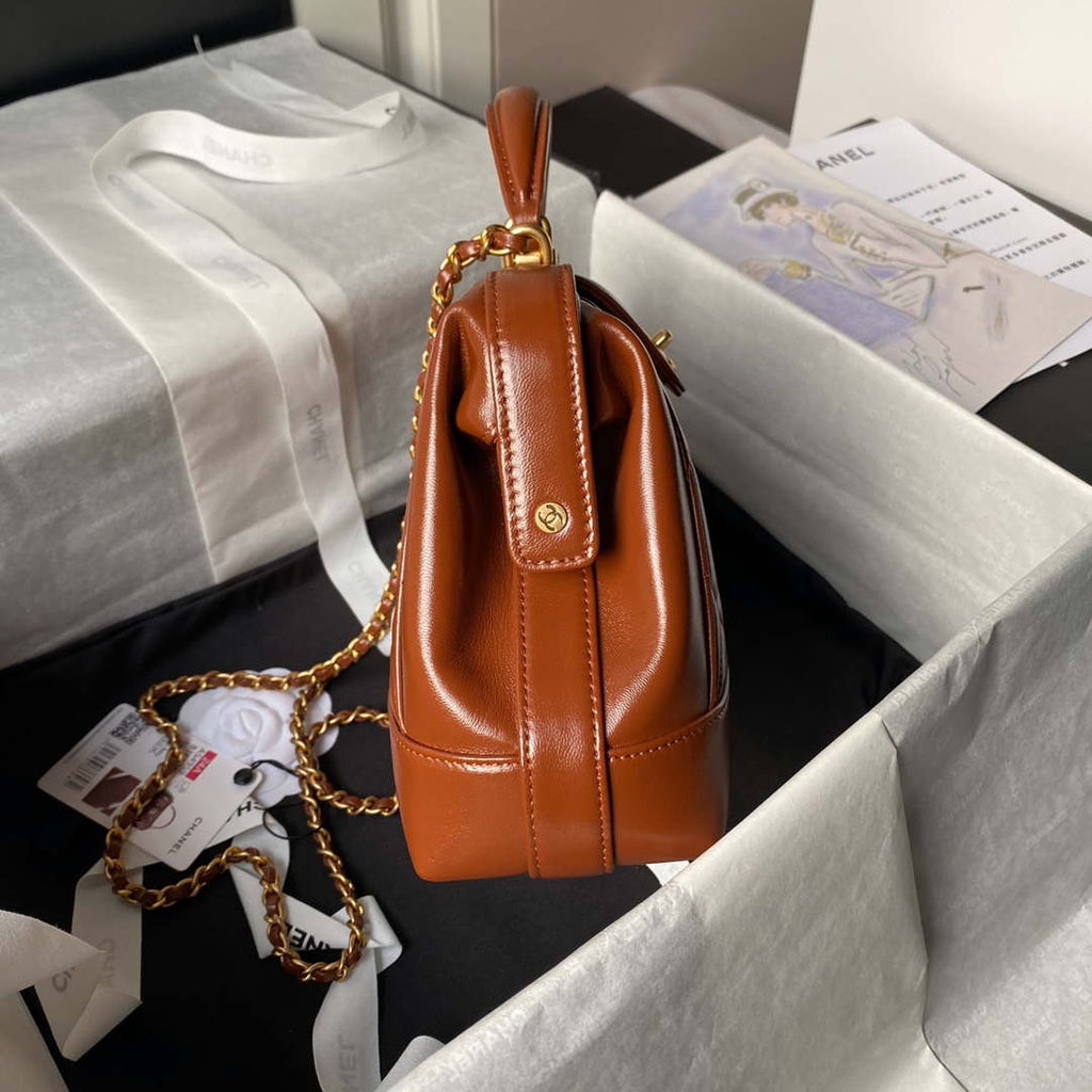 Chanel AS4959  Flap bag With top handle Shiny Lambskin & Gold-Tone Metal Brown