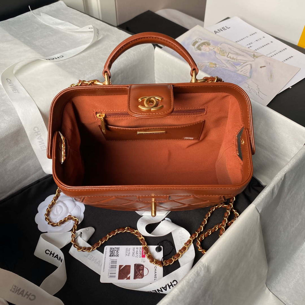 Chanel AS4959  Flap bag With top handle Shiny Lambskin & Gold-Tone Metal Brown