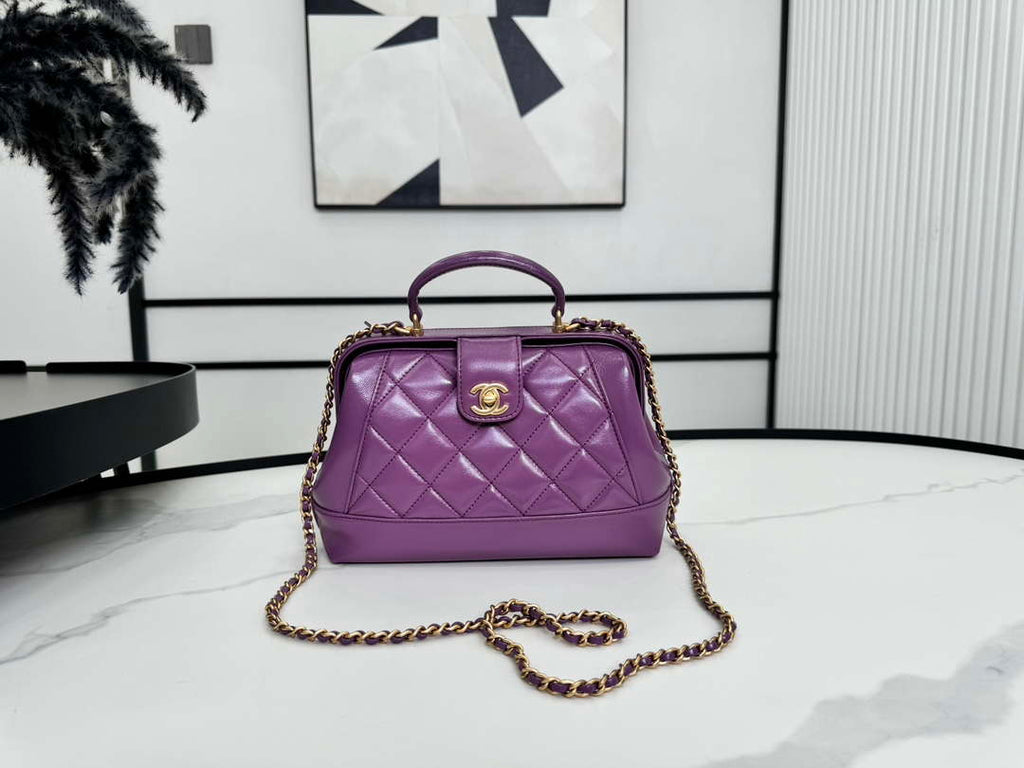 Chanel AS4959  Flap bag With top handle Shiny Lambskin & Gold-Tone Metal Purple