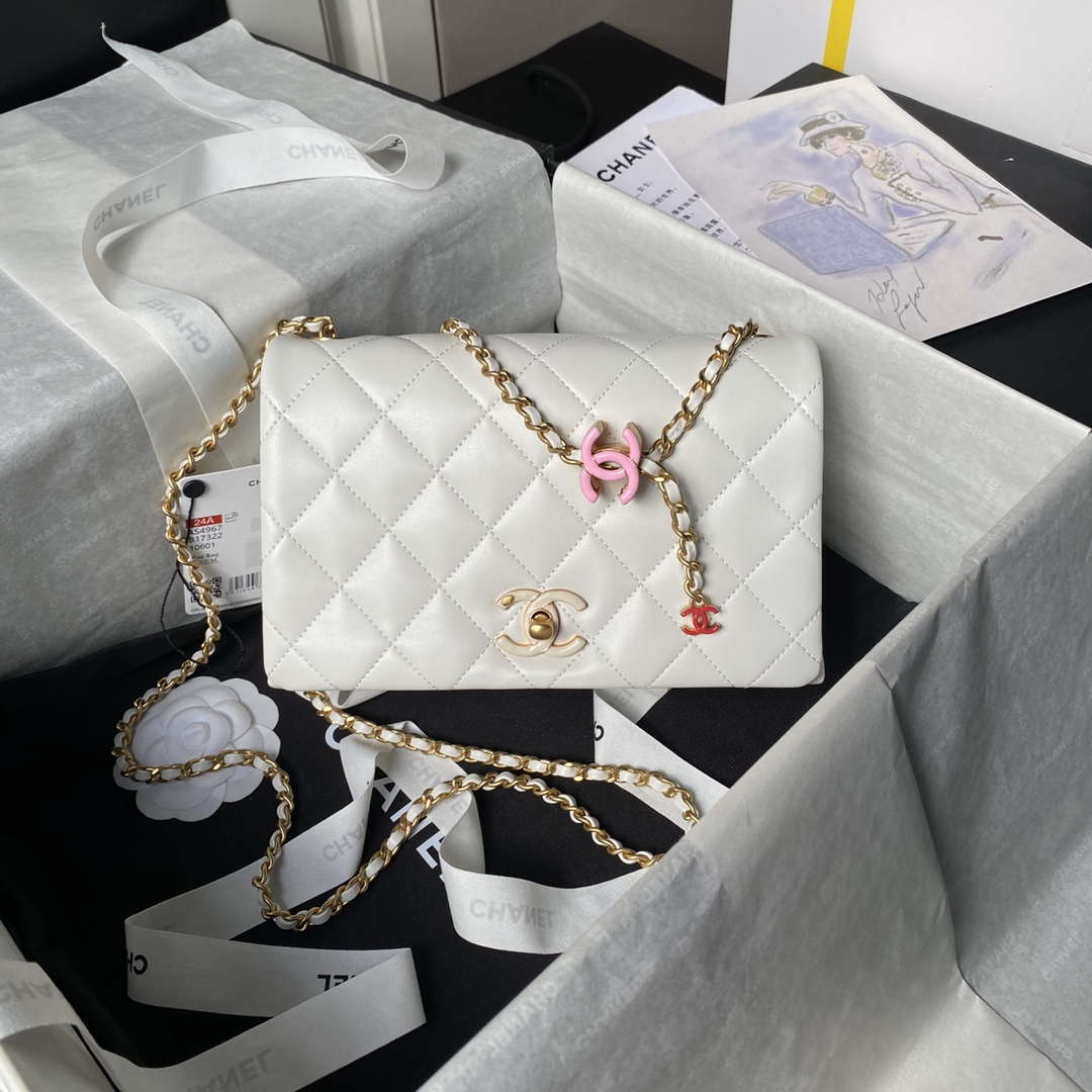 Chanel AS4967 Small Flap Bag Shiny Lambskin Enamel & Gold-Tone Metal White - Default Title - View 1