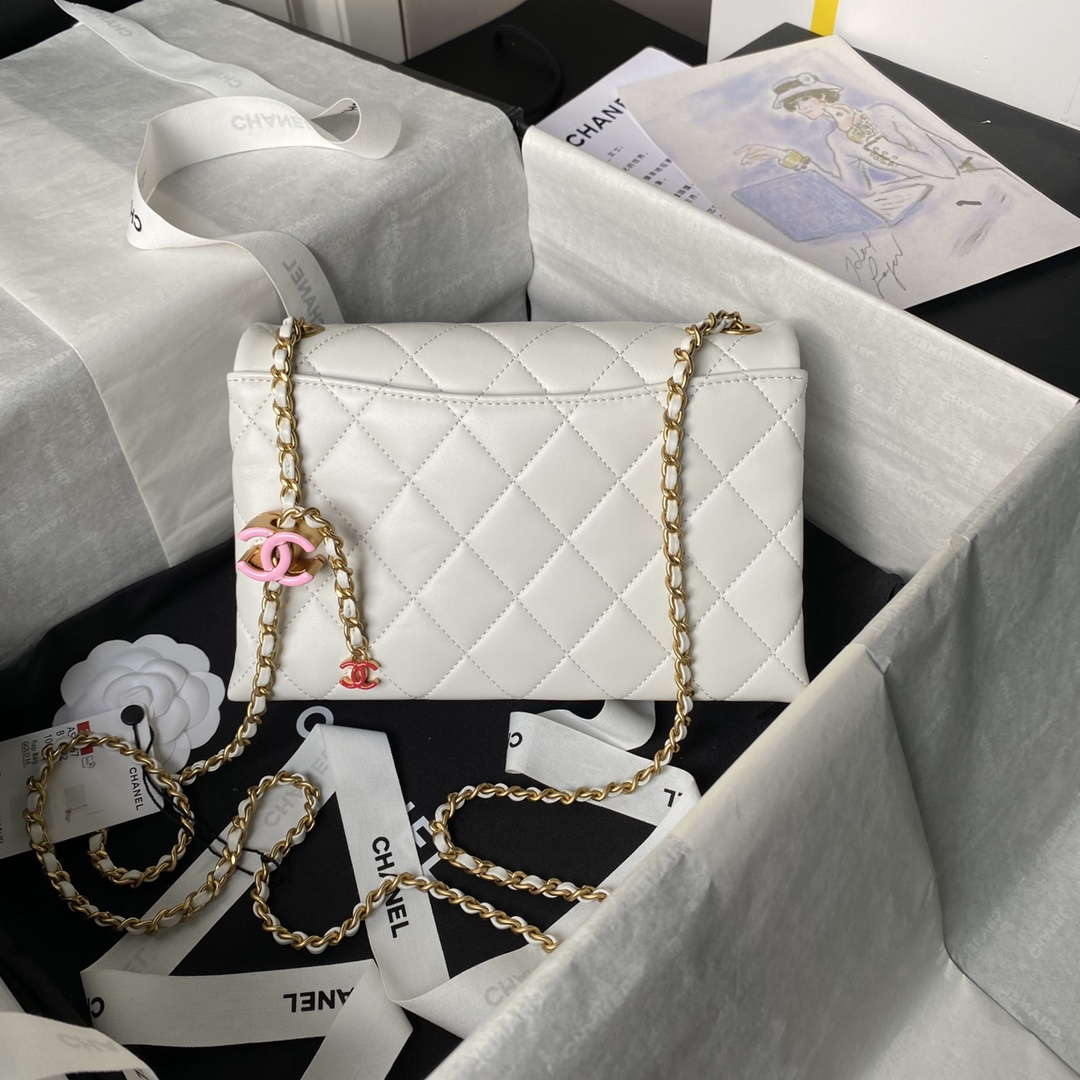 Chanel AS4967 Small Flap Bag Shiny Lambskin Enamel & Gold-Tone Metal White