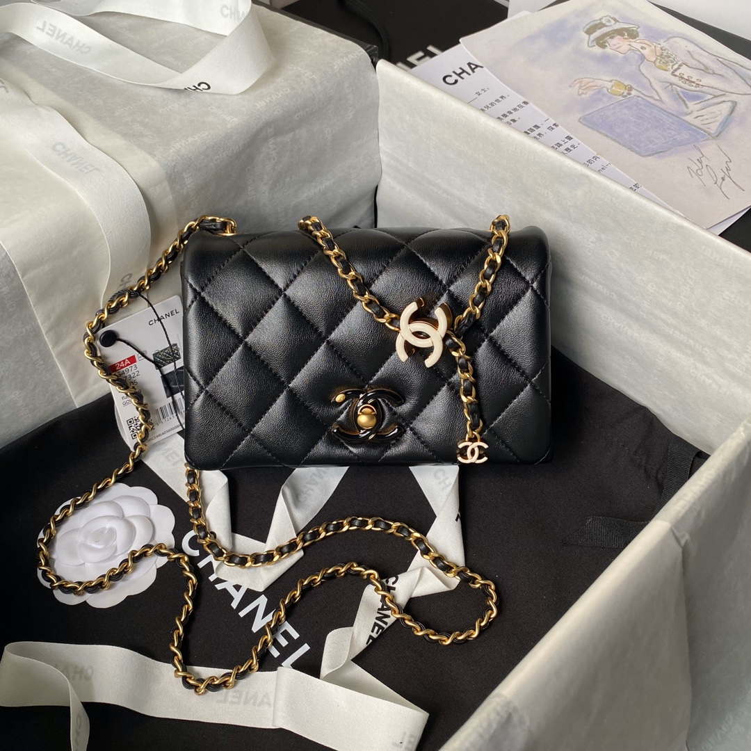 Chanel AS4973 Mini Flap Bag Shiny Lambskin Enamel & Gold-Tone Metal Black - Default Title - View 1