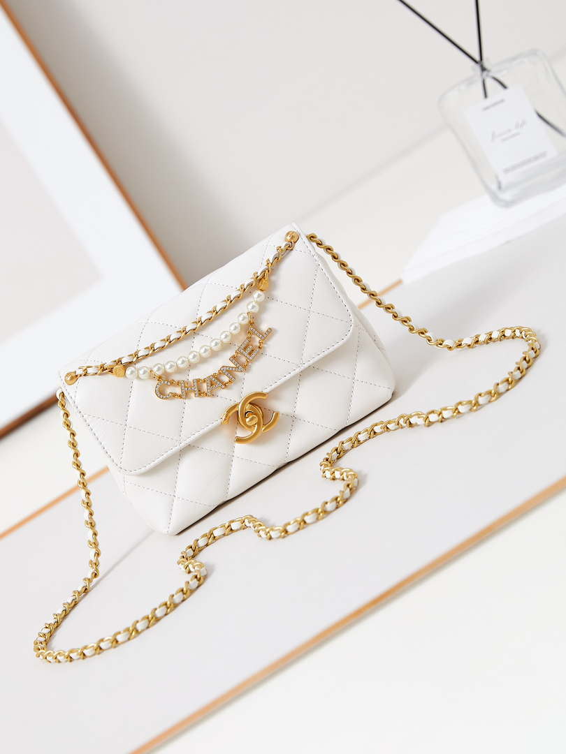 Chanel AS4986 Mini Flap bag Shiny Lambskin  Imitation Pearls & Gold-Tone Metal White