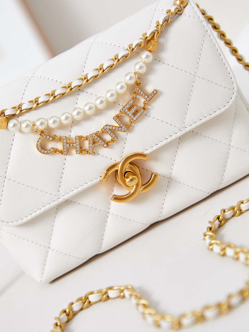Chanel AS4986 Mini Flap bag Shiny Lambskin  Imitation Pearls & Gold-Tone Metal White