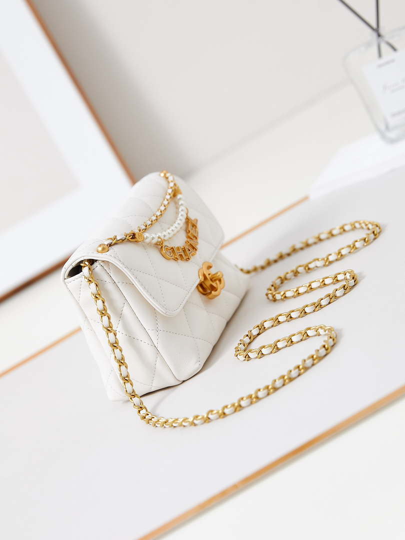 Chanel AS4986 Mini Flap bag Shiny Lambskin  Imitation Pearls & Gold-Tone Metal White - Default Title - View 3