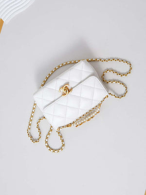 Chanel AS4986 Mini Flap bag Shiny Lambskin  Imitation Pearls & Gold-Tone Metal White - Default Title - View 7