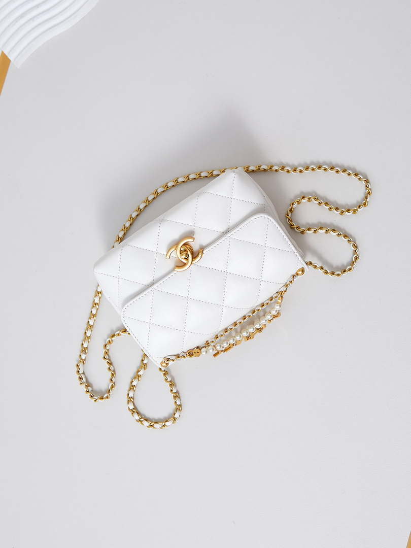 Chanel AS4986 Mini Flap bag Shiny Lambskin  Imitation Pearls & Gold-Tone Metal White - Default Title - View 7