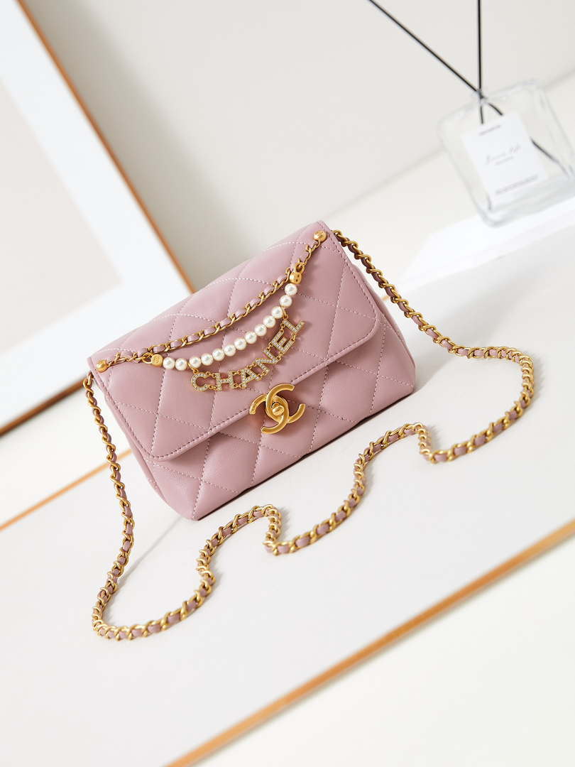 Chanel AS4986 Mini Flap bag Shiny Lambskin  Imitation Pearls & Gold-Tone Metal Pink
