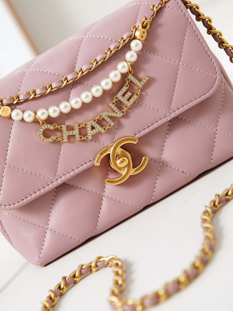 Chanel AS4986 Mini Flap bag Shiny Lambskin  Imitation Pearls & Gold-Tone Metal Pink