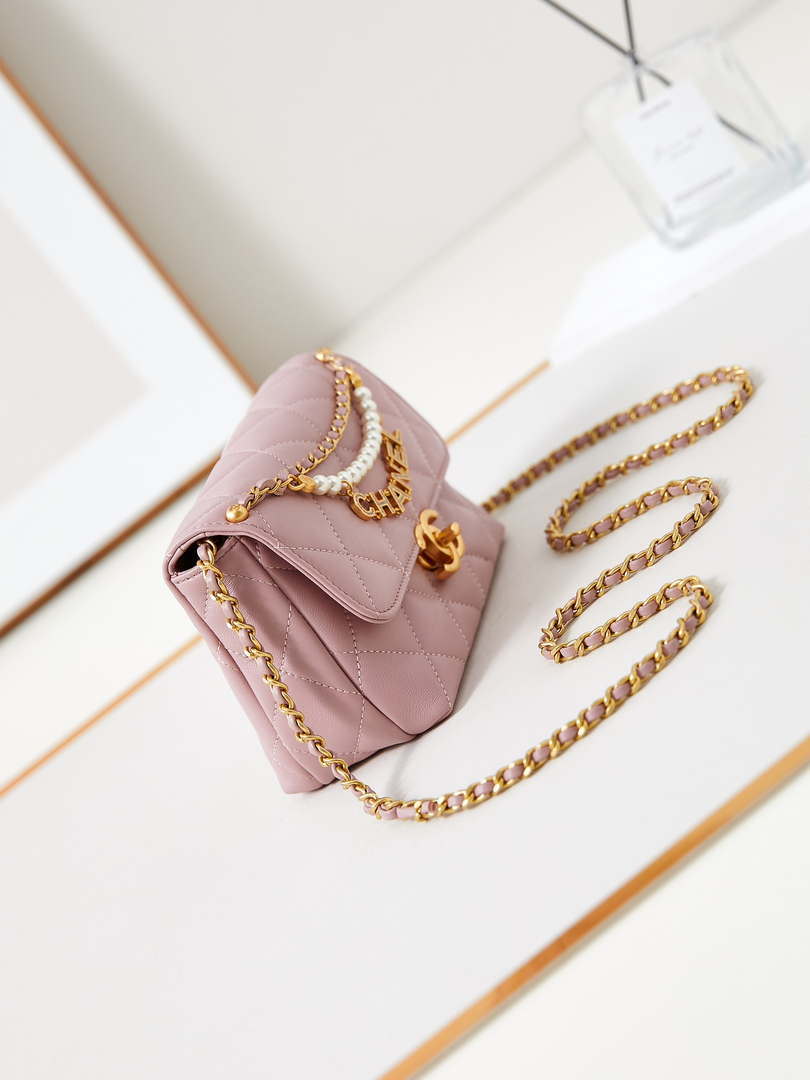 Chanel AS4986 Mini Flap bag Shiny Lambskin  Imitation Pearls & Gold-Tone Metal Pink