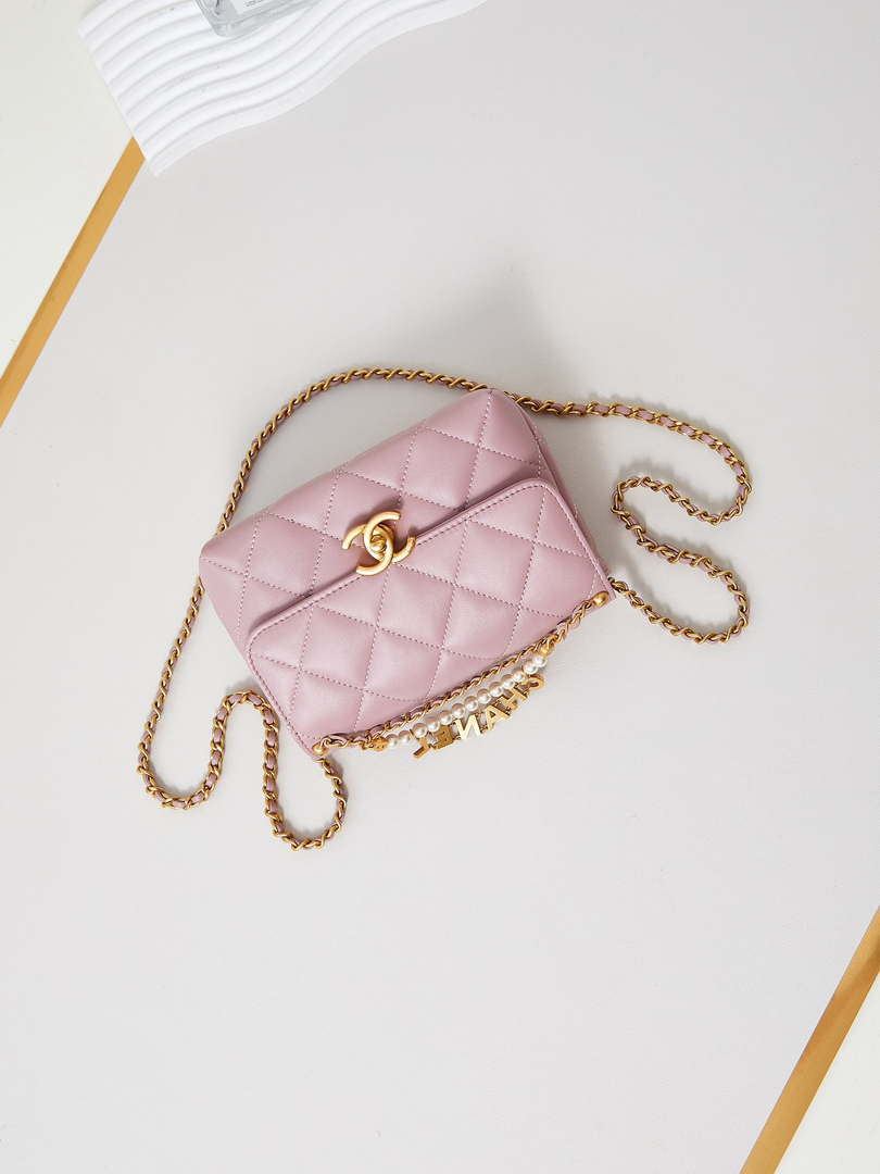 Chanel AS4986 Mini Flap bag Shiny Lambskin  Imitation Pearls & Gold-Tone Metal Pink