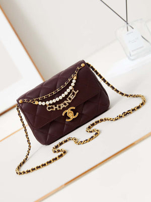 Chanel AS4986 Mini Flap bag Shiny Lambskin  Imitation Pearls & Gold-Tone Metal Wine Red - Default Title - View 1