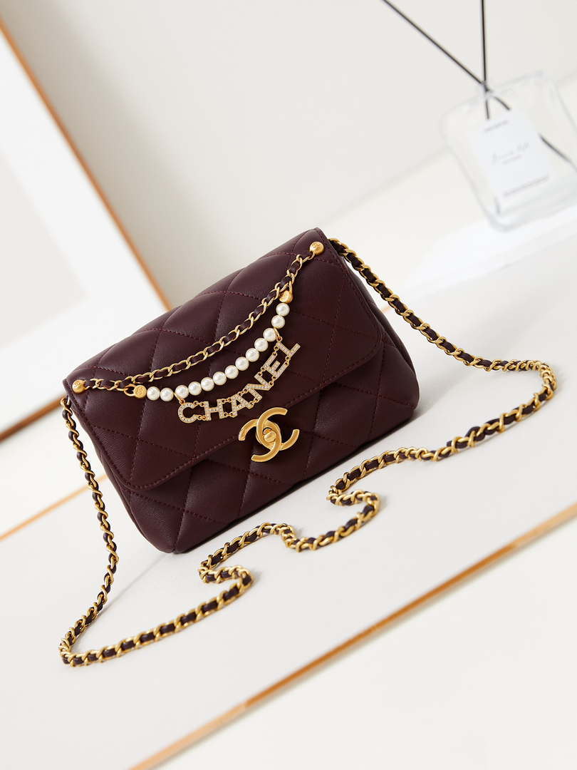 Chanel AS4986 Mini Flap bag Shiny Lambskin  Imitation Pearls & Gold-Tone Metal Wine Red