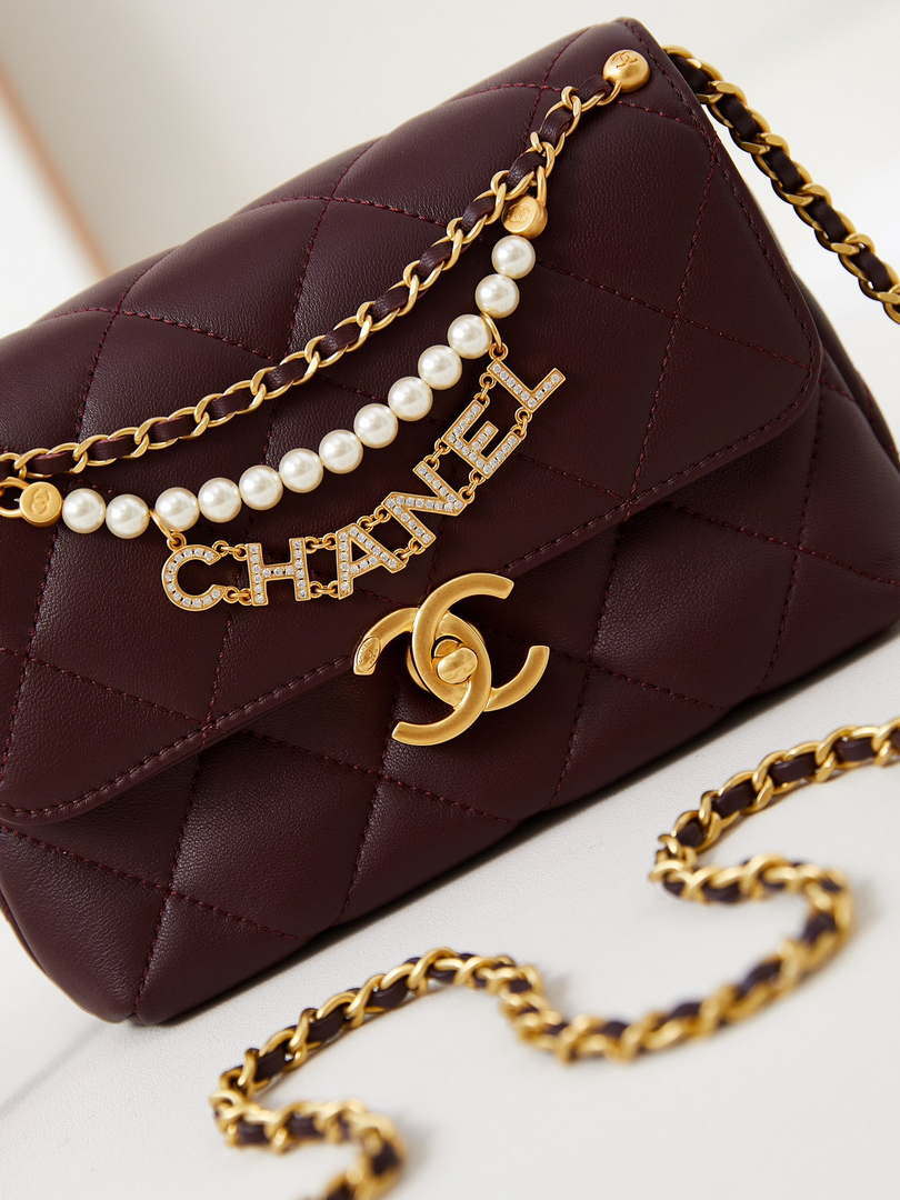 Chanel AS4986 Mini Flap bag Shiny Lambskin  Imitation Pearls & Gold-Tone Metal Wine Red