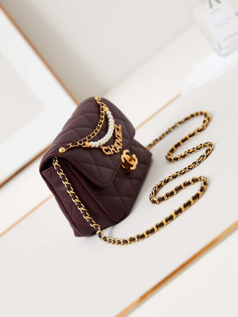 Chanel AS4986 Mini Flap bag Shiny Lambskin  Imitation Pearls & Gold-Tone Metal Wine Red