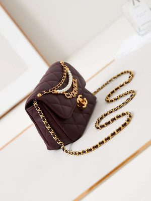 Chanel AS4986 Mini Flap bag Shiny Lambskin  Imitation Pearls & Gold-Tone Metal Wine Red - Default Title - View 3