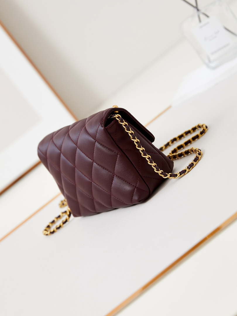 Chanel AS4986 Mini Flap bag Shiny Lambskin  Imitation Pearls & Gold-Tone Metal Wine Red