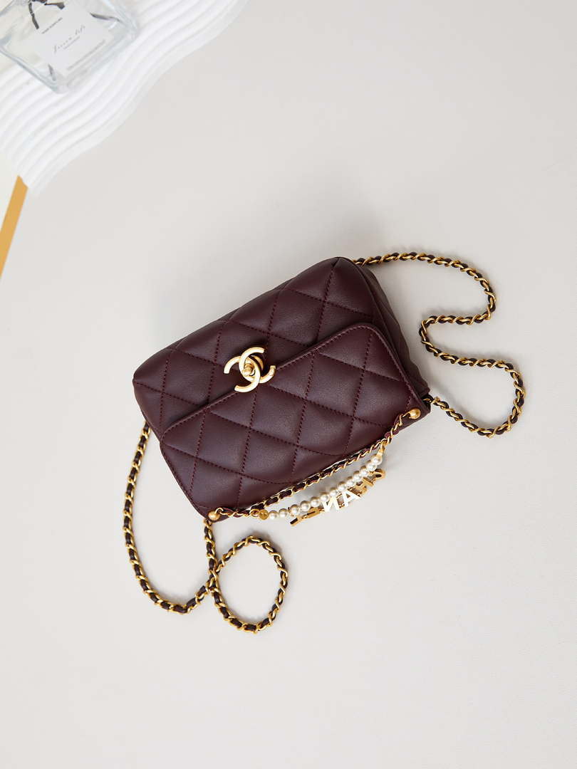 Chanel AS4986 Mini Flap bag Shiny Lambskin  Imitation Pearls & Gold-Tone Metal Wine Red - Default Title - View 7
