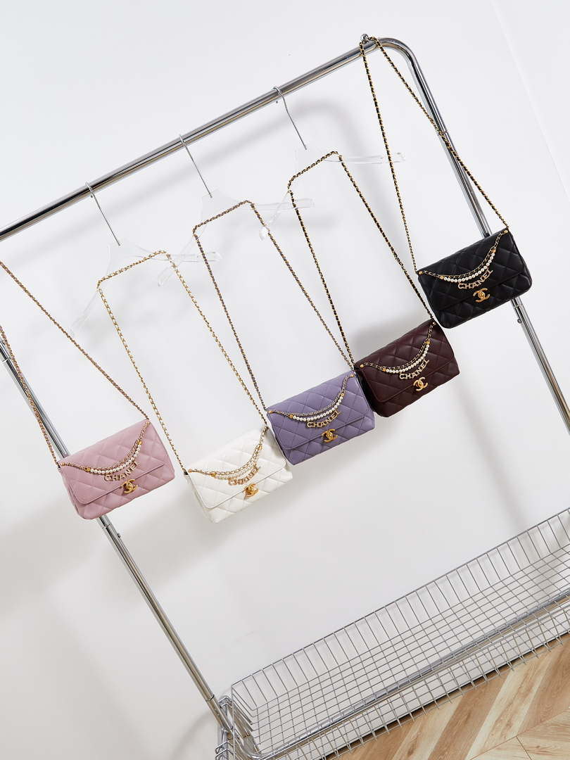 Chanel AS4986 Mini Flap bag Shiny Lambskin  Imitation Pearls & Gold-Tone Metal Light Purple