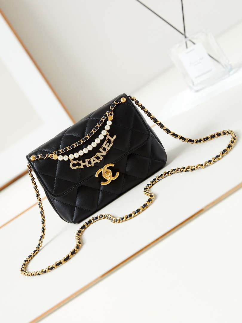Chanel AS4986 Mini Flap bag Shiny Lambskin  Imitation Pearls & Gold-Tone Metal Black