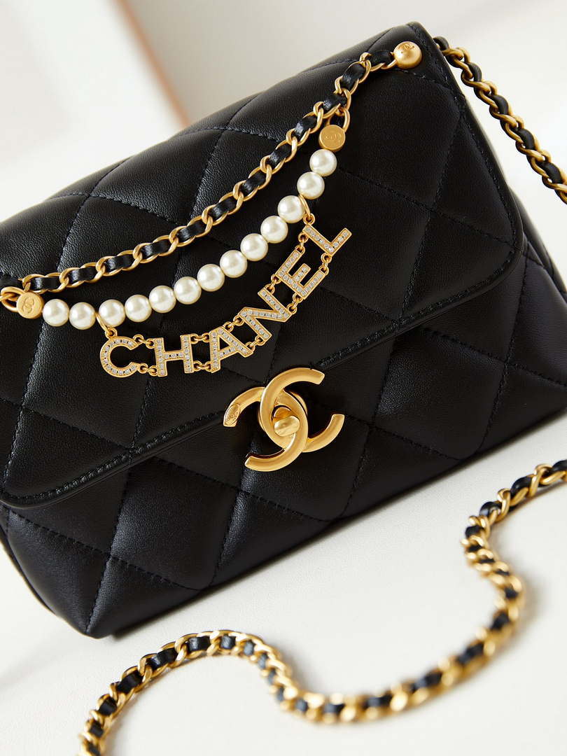 Chanel AS4986 Mini Flap bag Shiny Lambskin  Imitation Pearls & Gold-Tone Metal Black