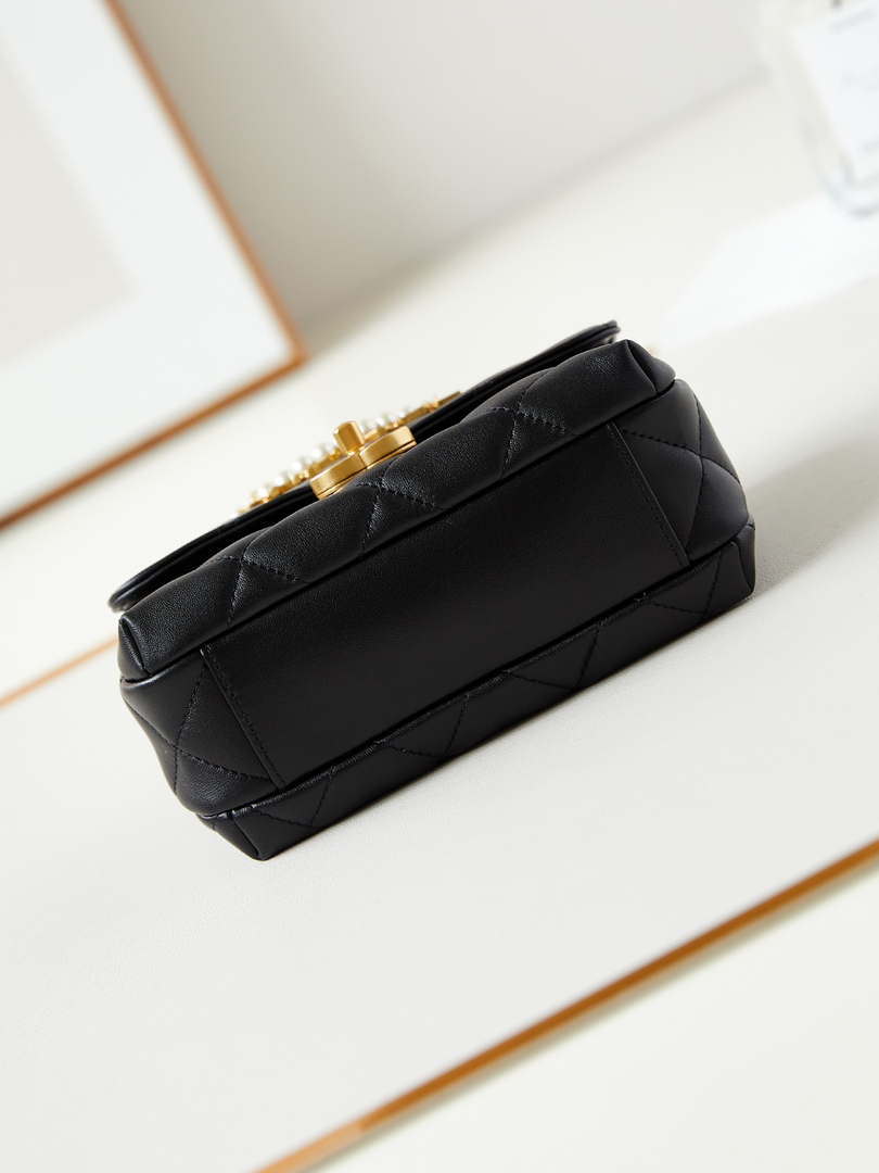 Chanel AS4986 Mini Flap bag Shiny Lambskin  Imitation Pearls & Gold-Tone Metal Black