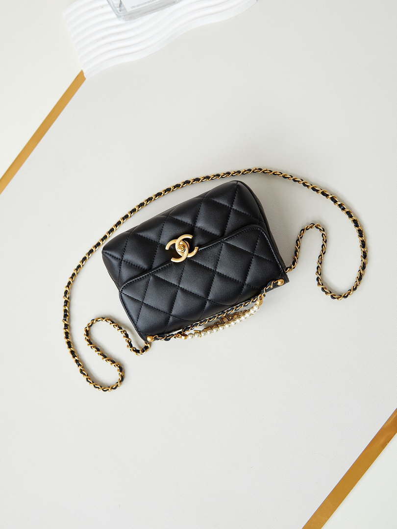 Chanel AS4986 Mini Flap bag Shiny Lambskin  Imitation Pearls & Gold-Tone Metal Black